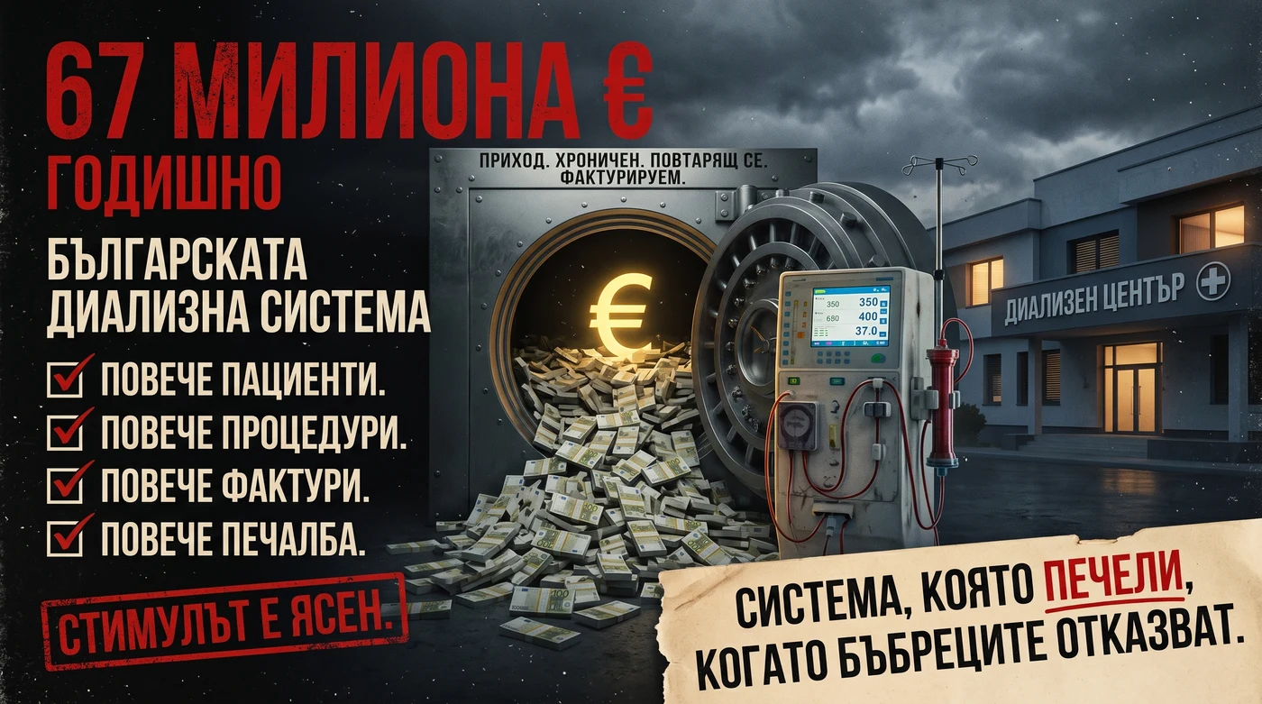 67 милиона евро годишно: българската диализна система — повече пациенти, повече процедури, повече фактури, повече печалба. Система, която печели, когато бъбреците отказват.